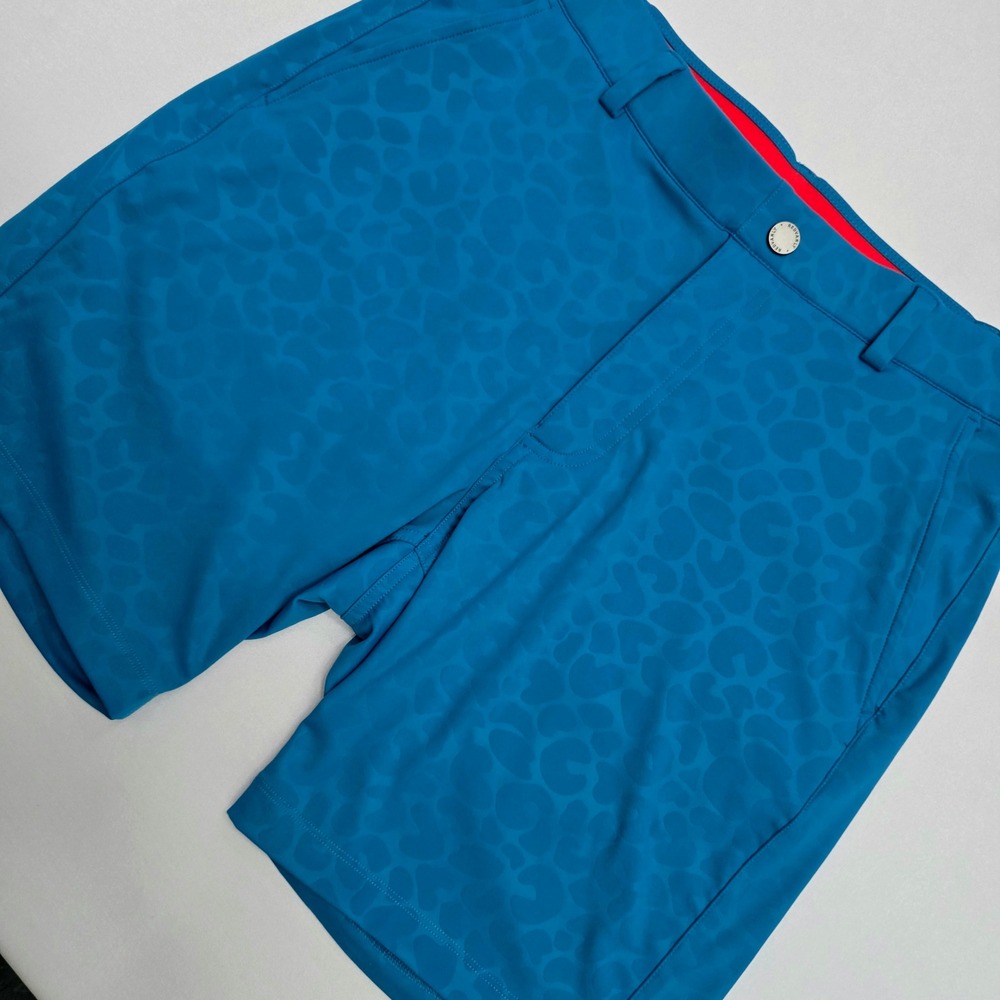 REDVANLY Mens Teal Blue Leopard Print Performance Golf Shorts Size Small